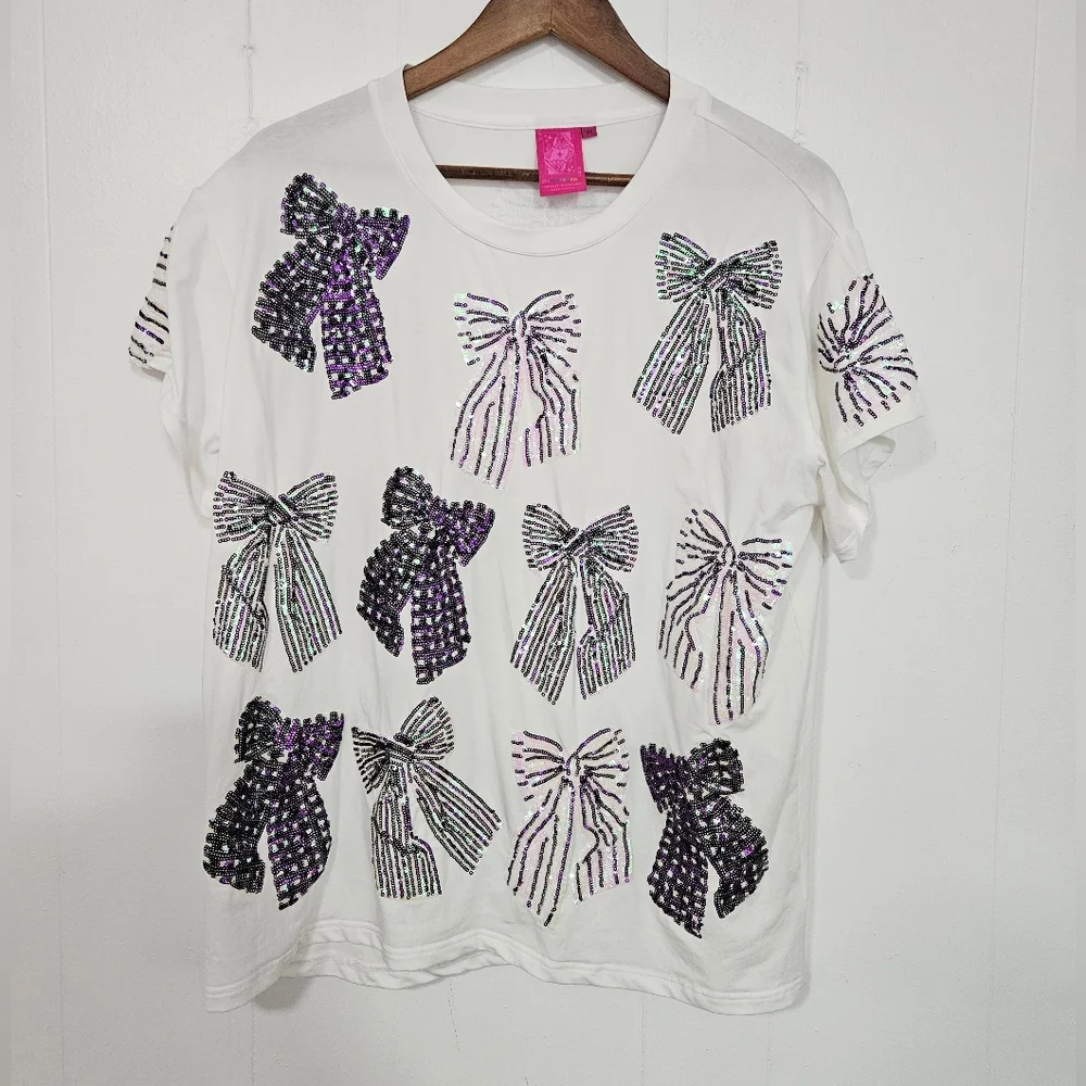 QUEEN OF SPARKLES White Short Sleeve Tee with Purple Sequin Bows - Picture 3 of 9